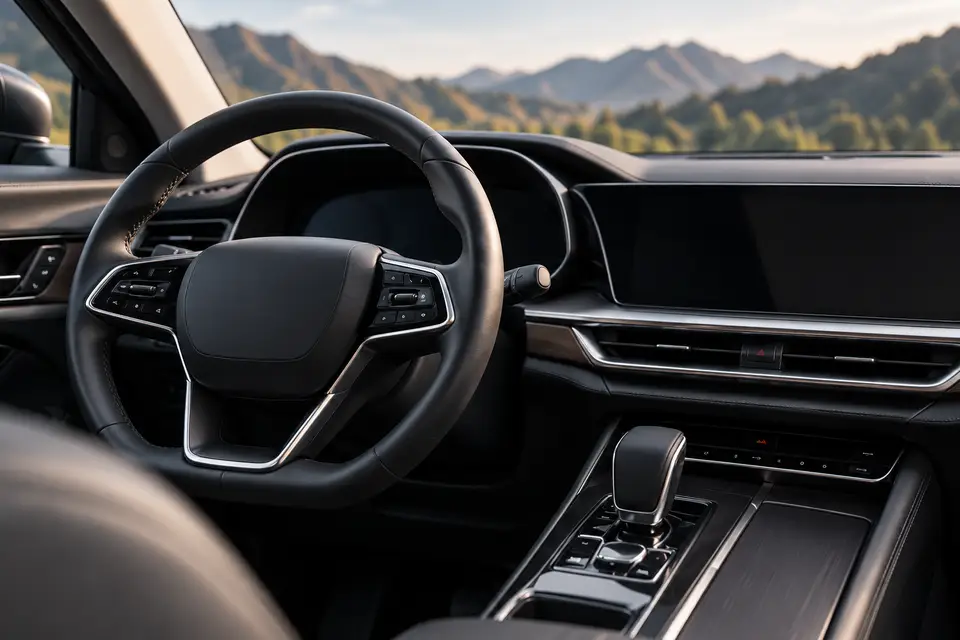 Interior de un auto con volante y pantalla, con montañas al fondo