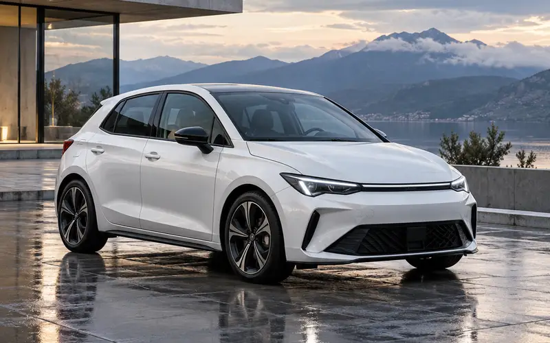 Hatchback blanco en un pueblo costero