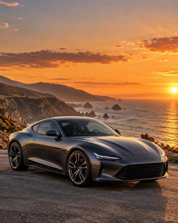 Coupé gris oscuro al atardecer sobre un acantilado