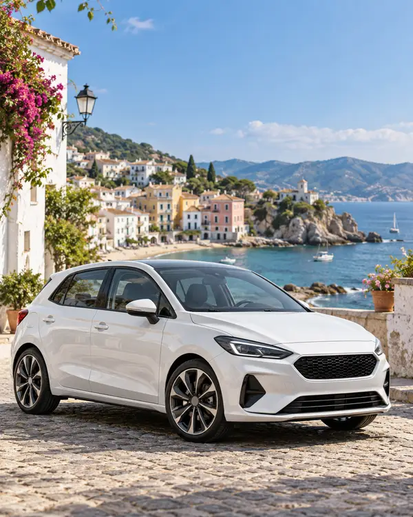 Hatchback blanco en un pueblo costero