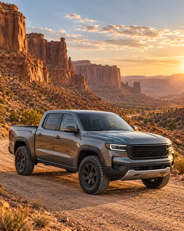 Pickup gris frente a acantilados de arenisca al atardecer