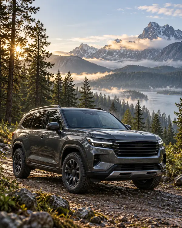 SUV gris oscuro entre pinos, con montañas nevadas al fondo