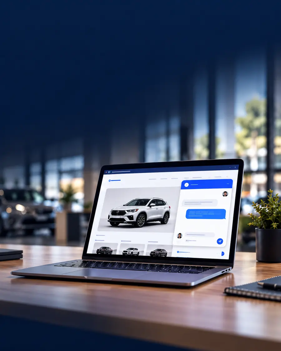 Laptop con el sitio de una agencia y el chat de ClaxMe abierto