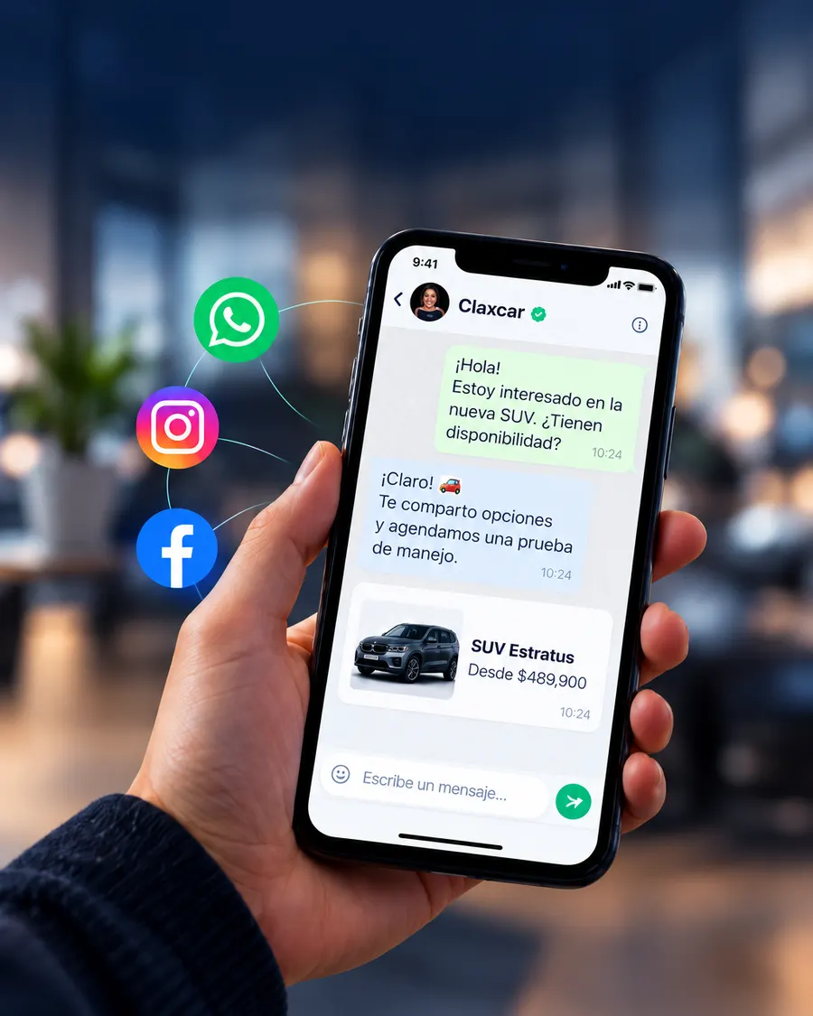Mano sosteniendo un celular con una conversación de Claxcar y los íconos de WhatsApp, Instagram y Facebook