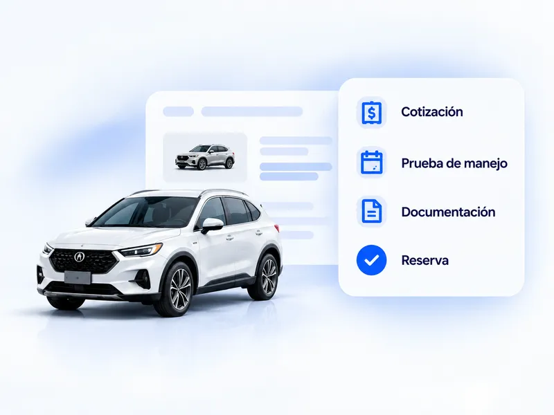 SUV blanca junto a una lista: cotización, prueba de manejo, documentación y reserva