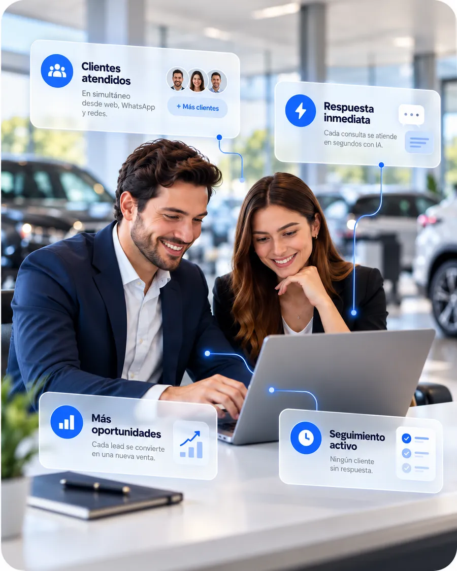 Dos vendedores sonríen frente a una laptop: clientes atendidos, respuesta inmediata, más oportunidades y seguimiento activo
